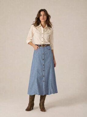 Vintage EMOTIONS Western Cotton Button-Front Light Ice Blue Skirt Size 7 M